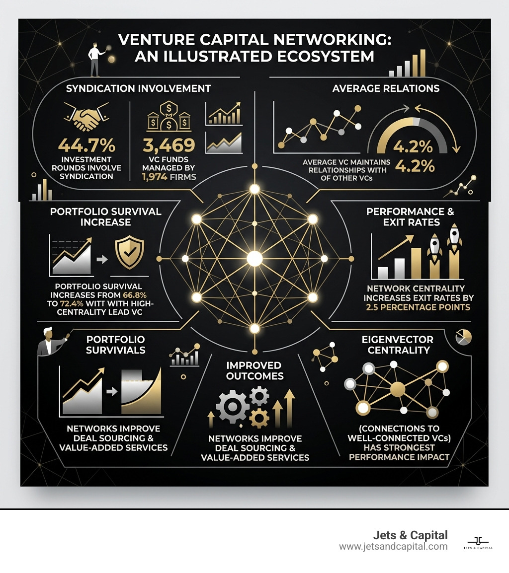 Infographic showing the venture capital syndication ecosystem: 44.7% of investment rounds involve syndication among 3,469 VC funds managed by 1,974 firms; average VC maintains relationships with 4.2% of other VCs; network centrality increases exit rates by 2.5 percentage points; eigenvector centrality (connections to well-connected VCs) has strongest performance impact; networks improve both deal sourcing and value-added services; portfolio survival increases from 66.8% to 72.4% with high-centrality lead VC - Venture capital networking infographic 