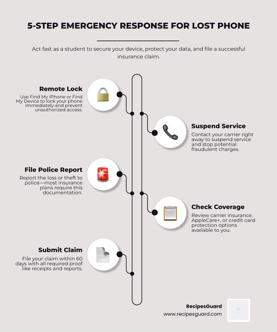 5-step emergency response checklist for students who lost their phone or device - lost phone claim student infographic