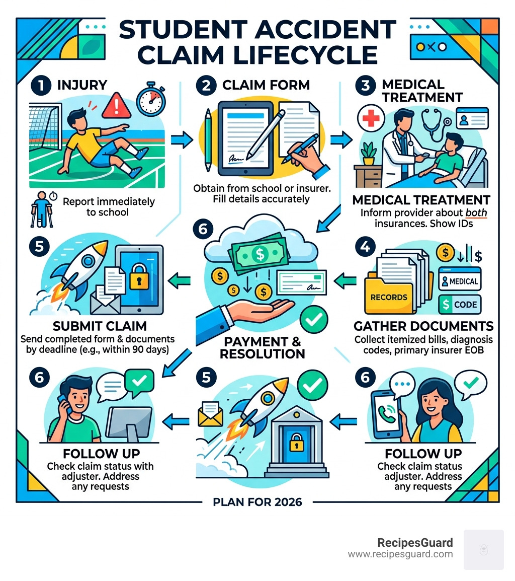 Student accident claim lifecycle from injury to payment infographic - student accident claim steps infographic 