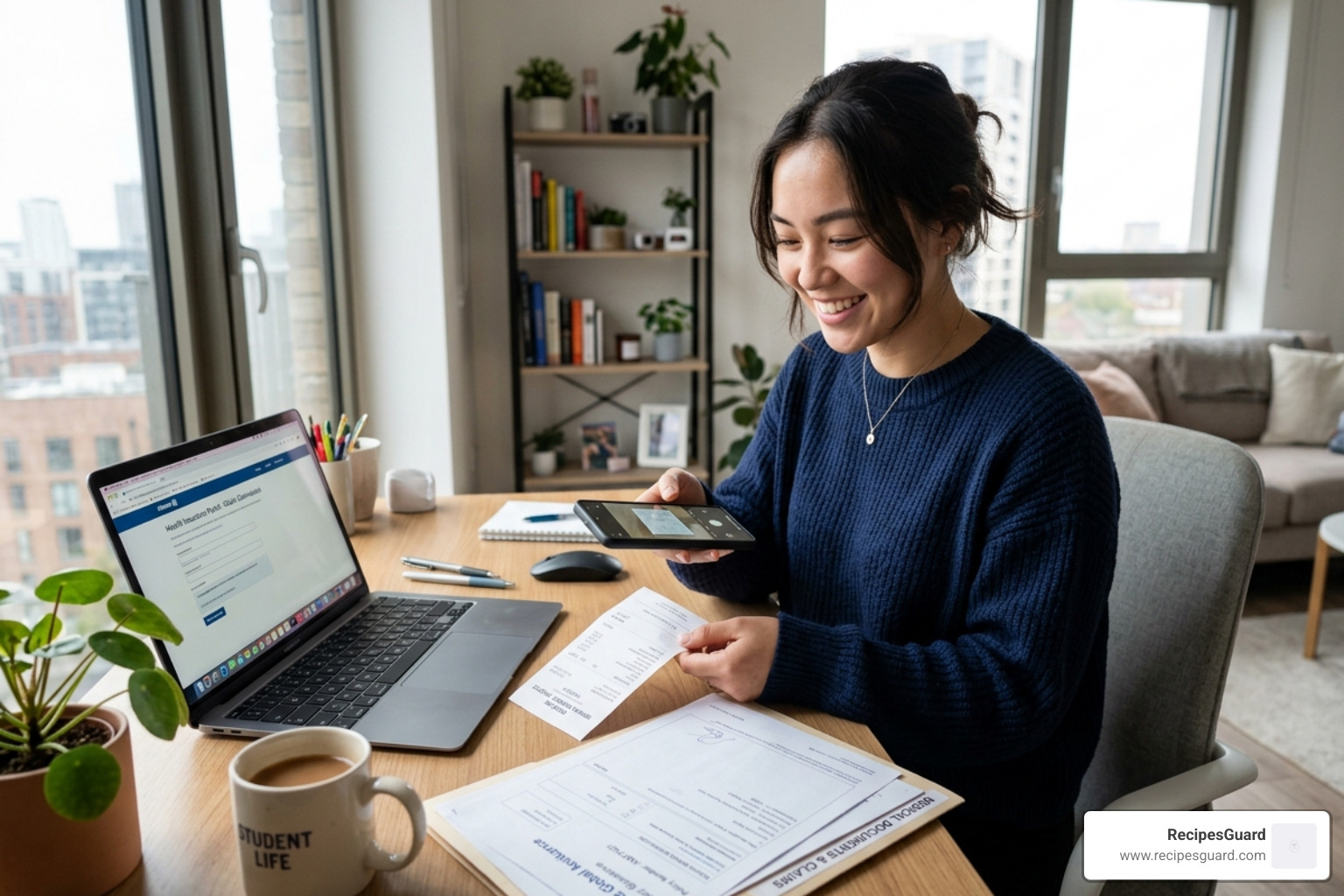 student using a smartphone to file a health insurance claim - overseas students health cover