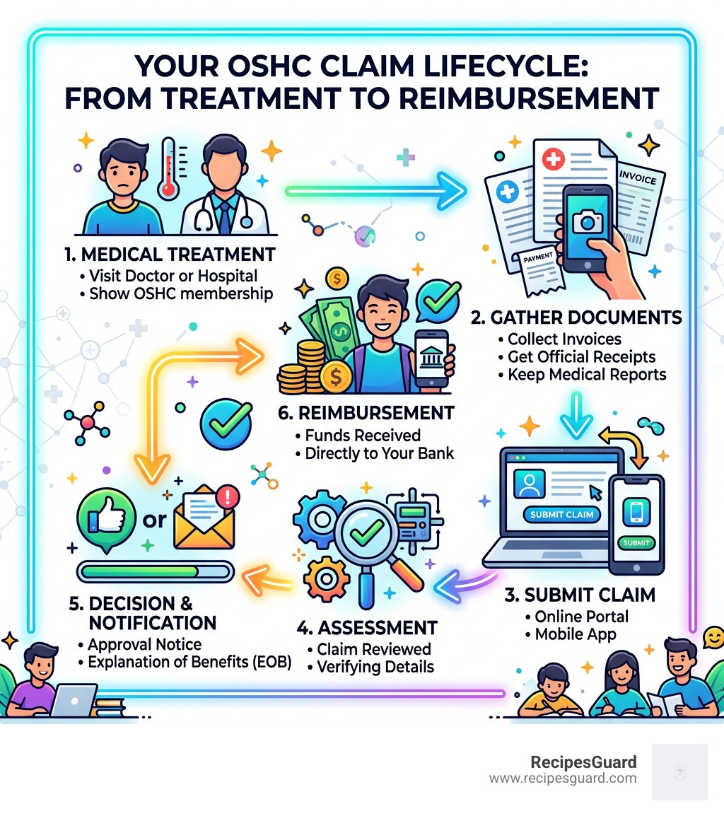 OSHC claim lifecycle from medical treatment to reimbursement steps - overseas students health cover infographic 
