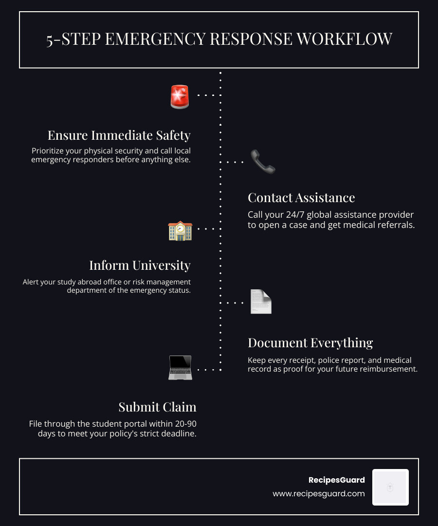 5-step student travel emergency response workflow infographic - student travel emergency claim steps infographic