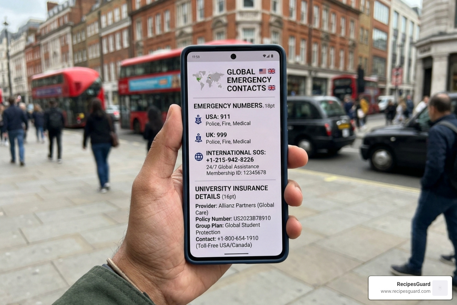 global emergency contact card on a smartphone screen - student travel emergency claim steps