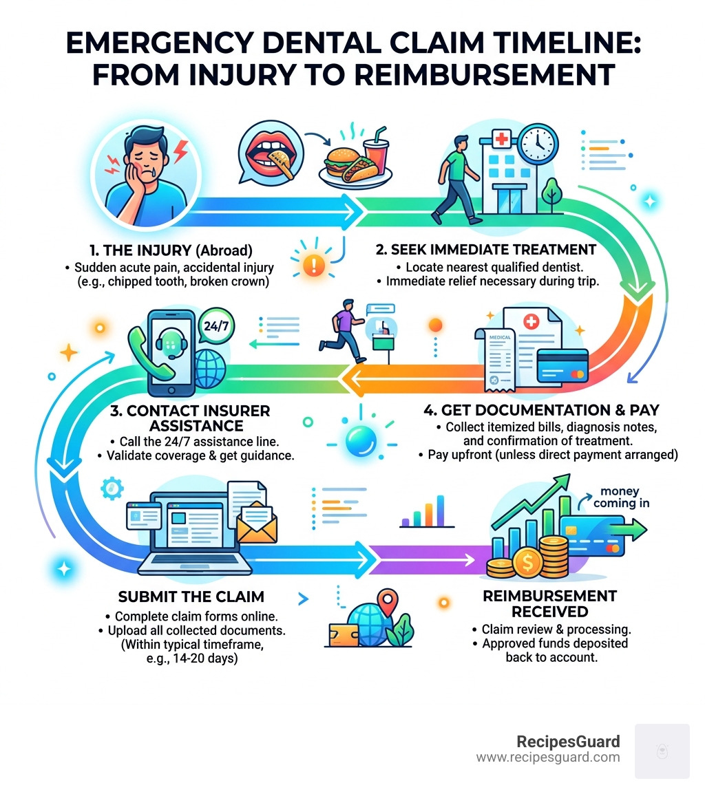 Timeline infographic of a dental emergency abroad from injury to claim reimbursement - emergency dental claim travel
