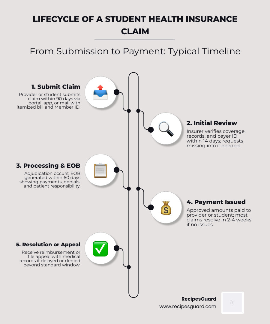 Lifecycle of a student health insurance claim from submission to payment - student health delay claim infographic