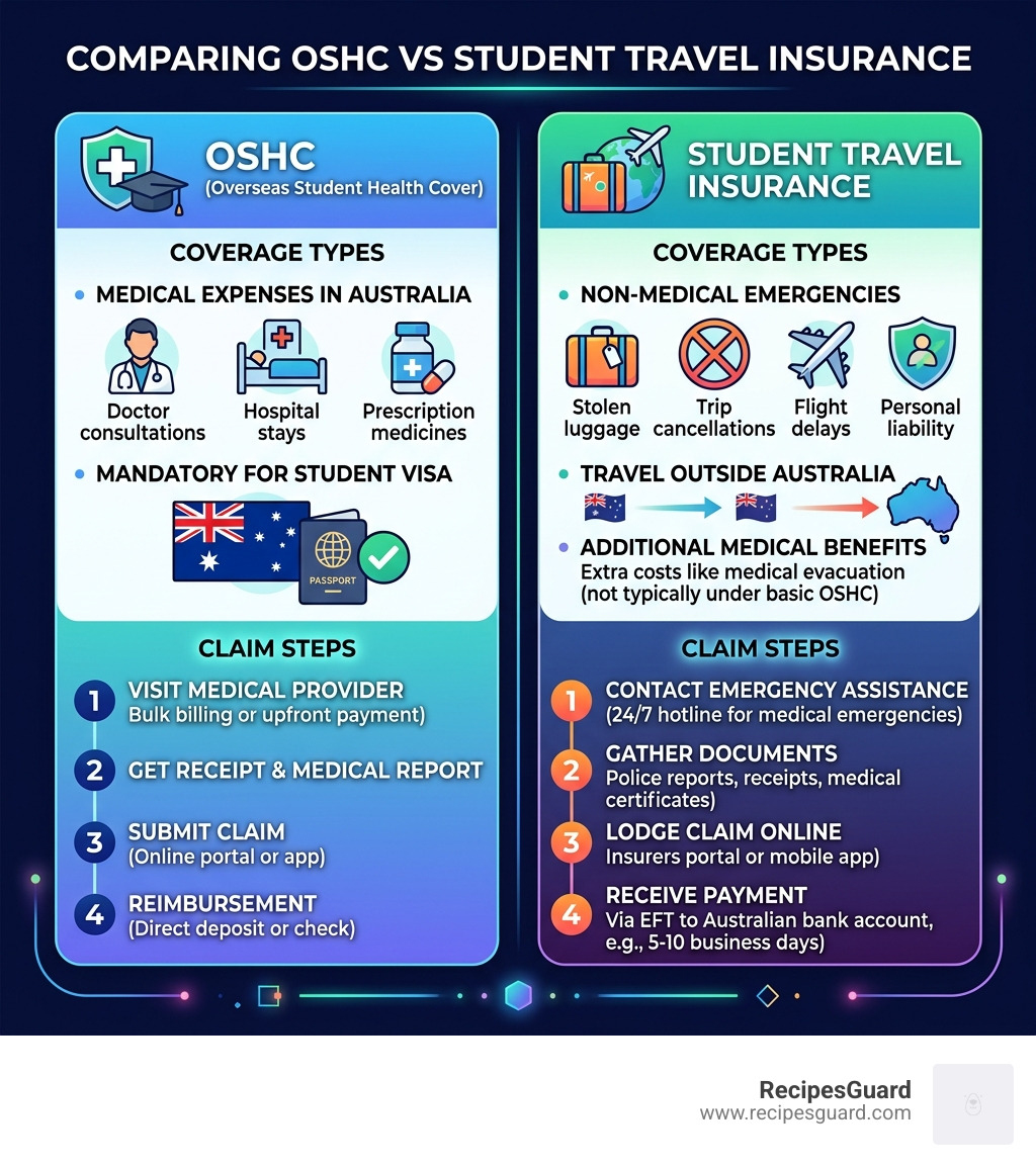 Infographic comparing OSHC vs student travel insurance coverage types and claim steps - australia student travel insurance