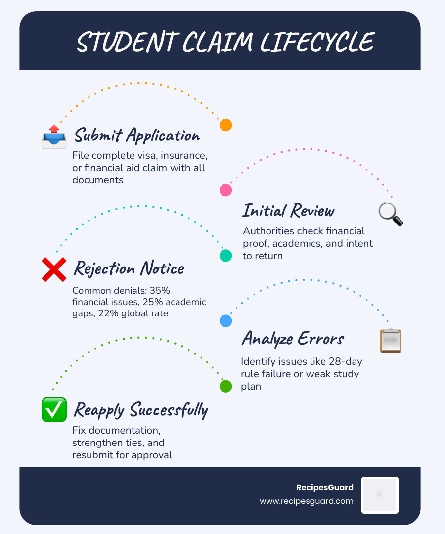 Student claim lifecycle from submission to denial and reapplication steps - claim rejection reasons student infographic