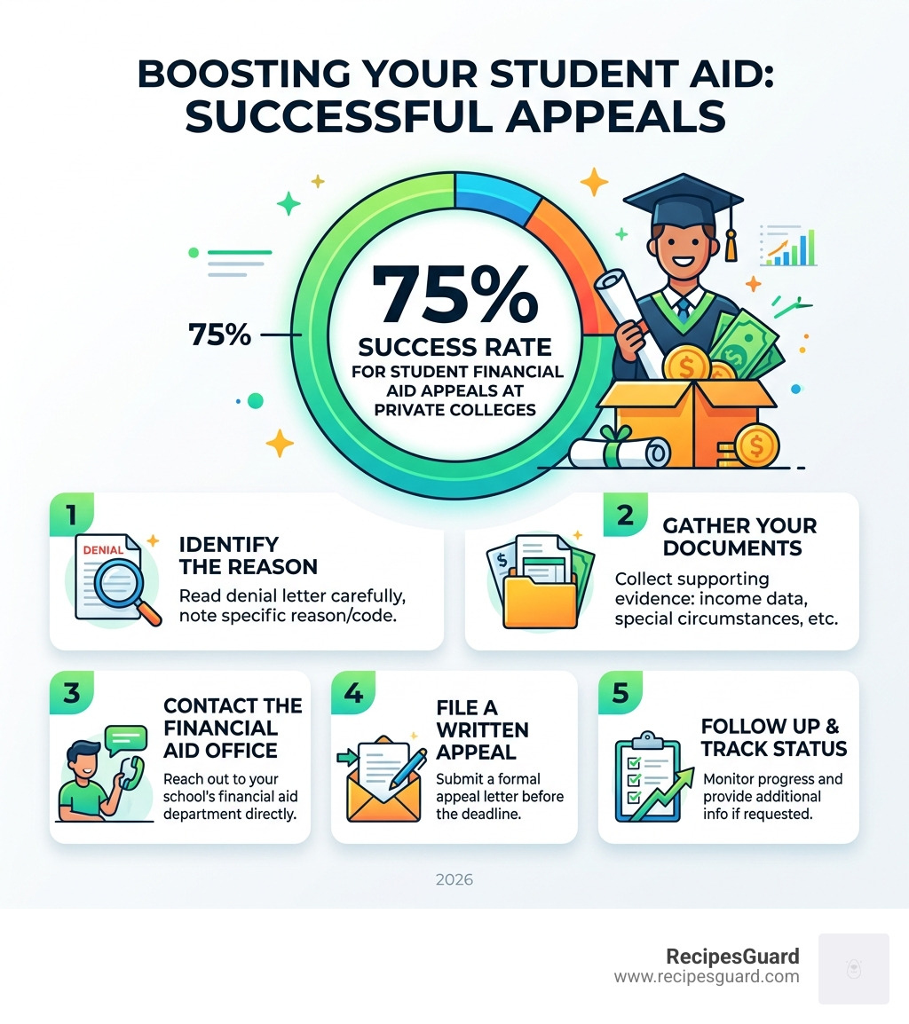Infographic showing 75% success rate for student financial aid appeals at private colleges and key steps to appeal denied