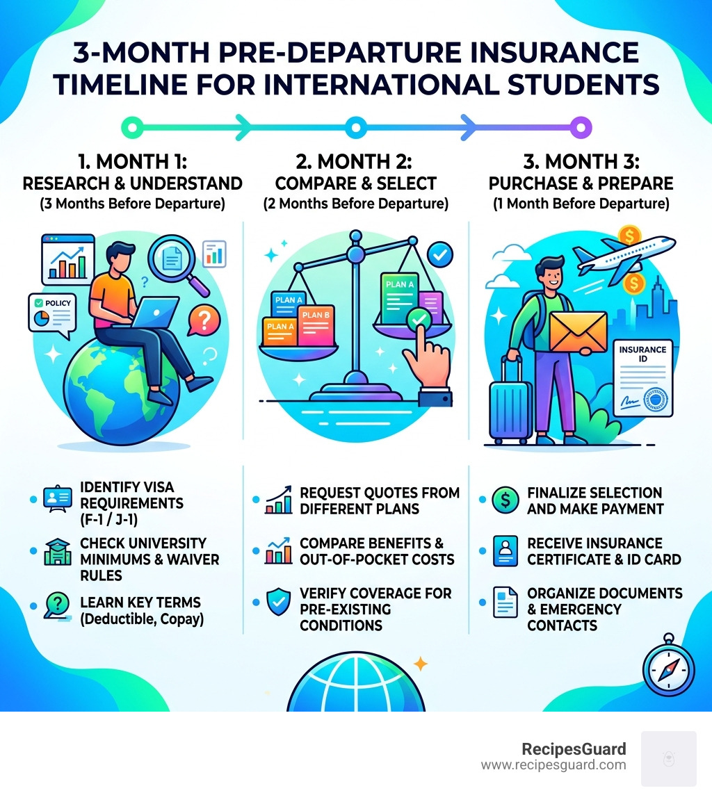 3-month pre-departure insurance timeline for international students - international student insurance tips infographic 