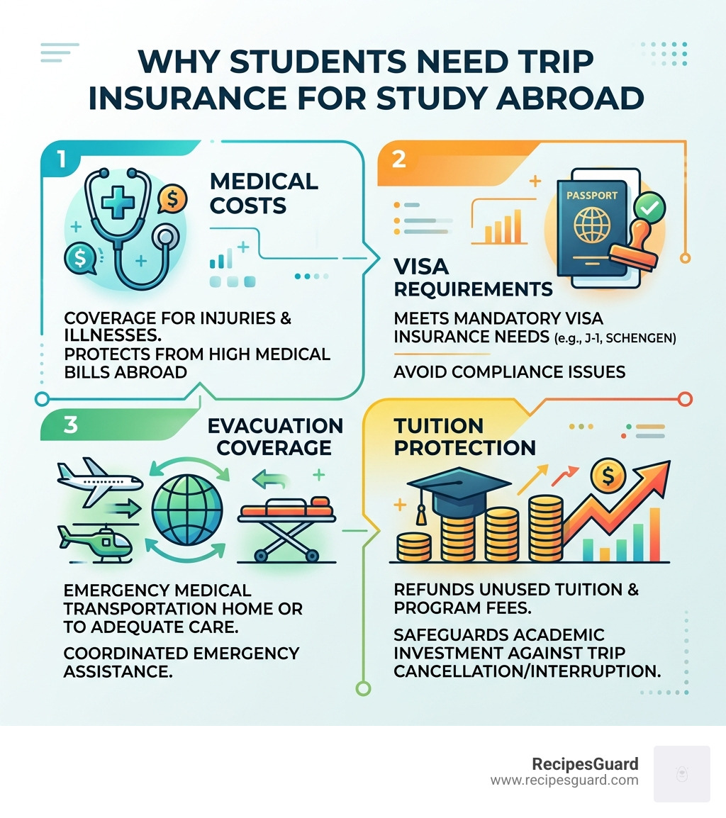Infographic showing why students need trip insurance: medical costs, visa requirements, evacuation coverage, and tuition