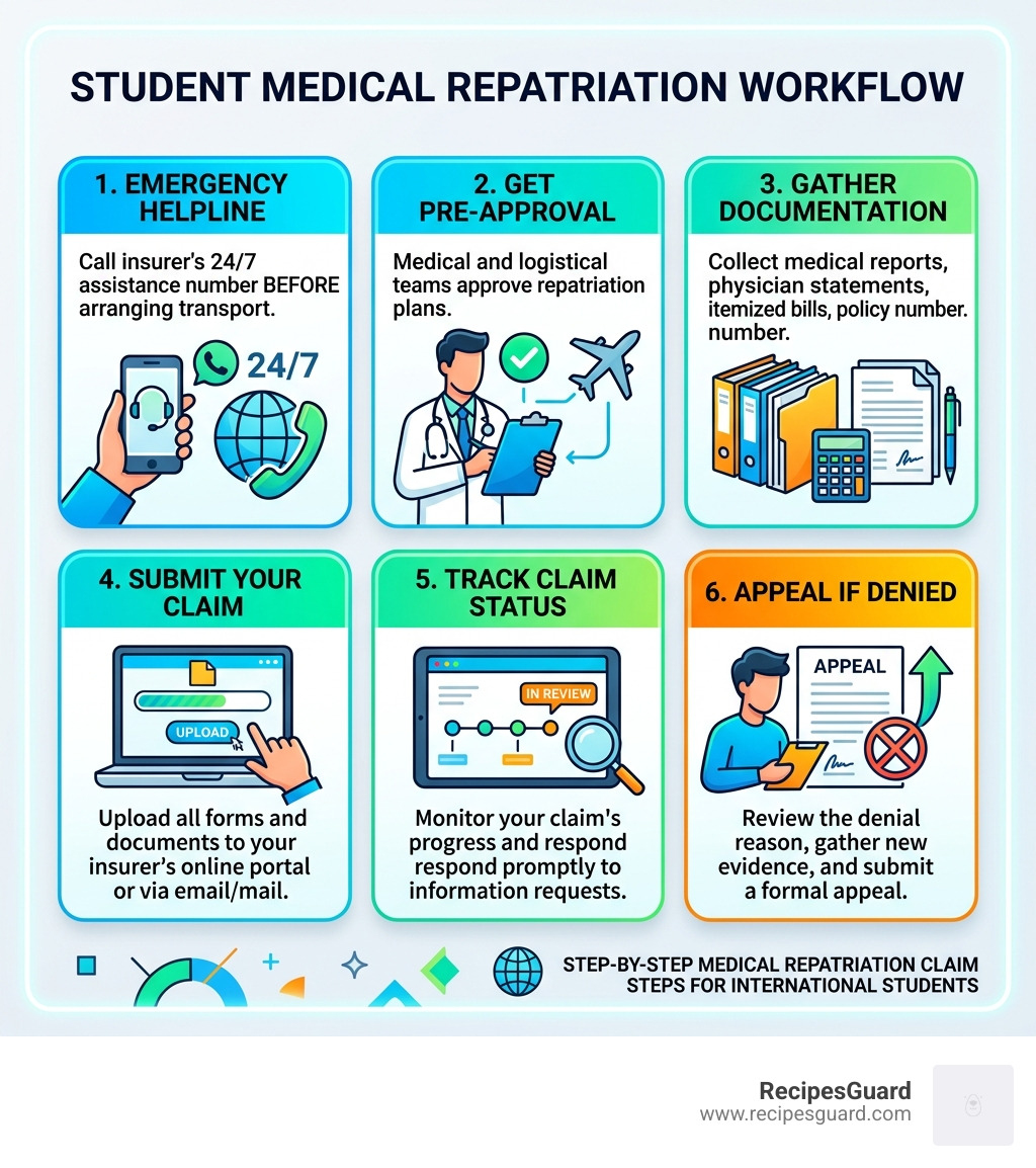 Step-by-step medical repatriation workflow for international students - student medical repatriation claim steps infographic 