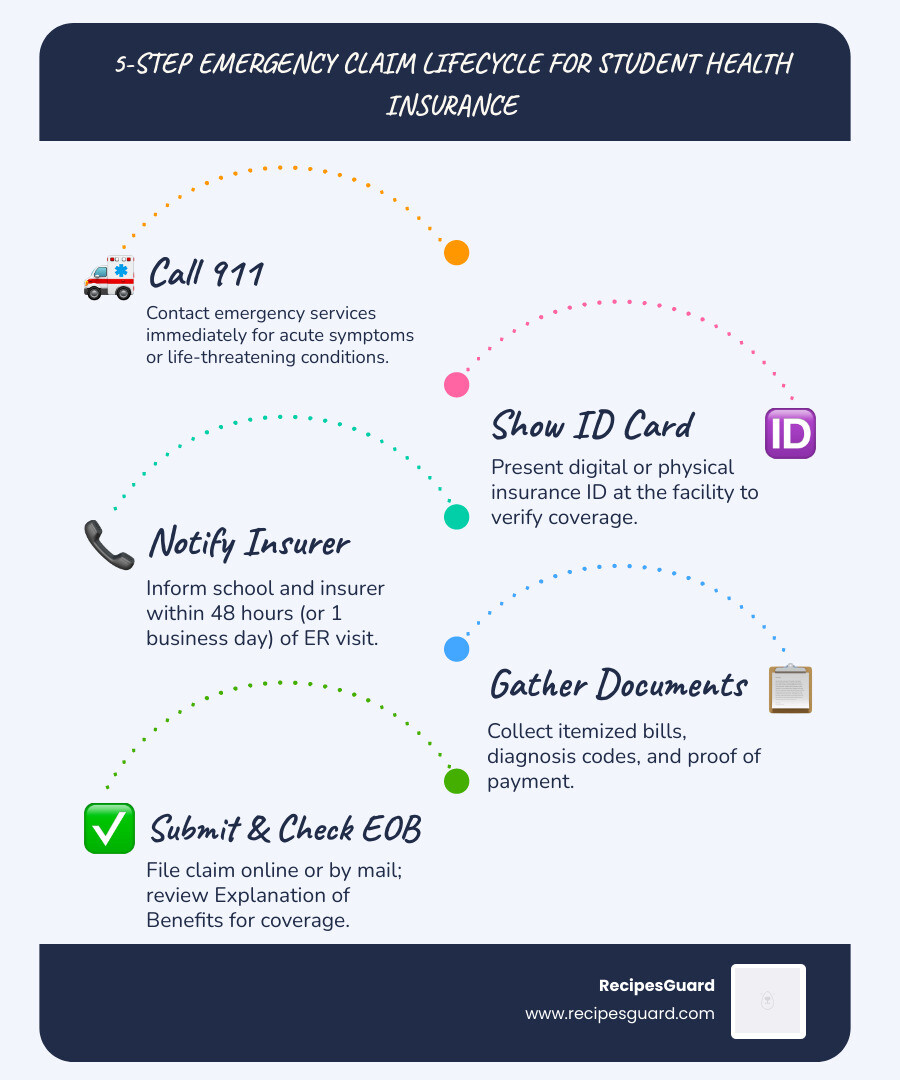 5-step emergency claim lifecycle for student health insurance infographic - emergency claim student health infographic
