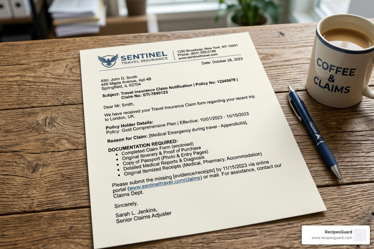 professional travel insurance claim letter layout showing header details and body sections - travel insurance claim letter