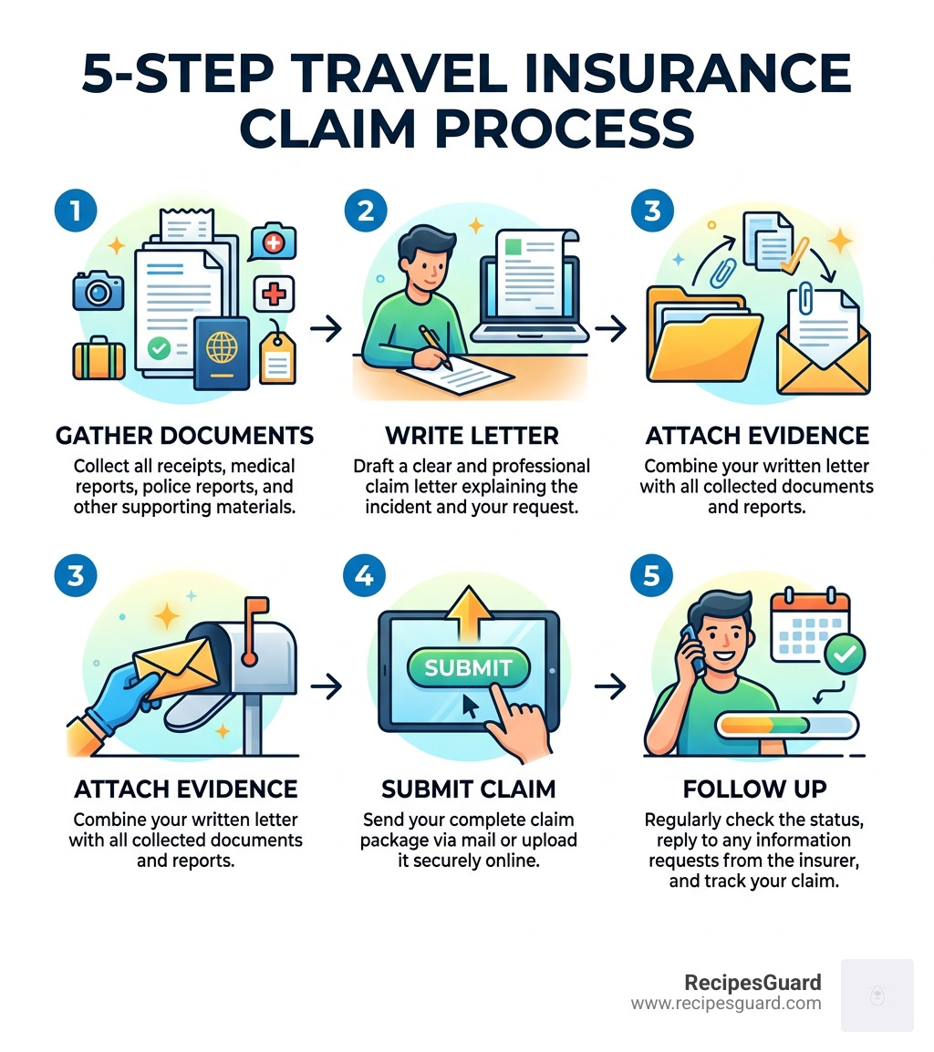 5-step travel insurance claim process infographic showing gather documents, write letter, attach evidence, submit claim