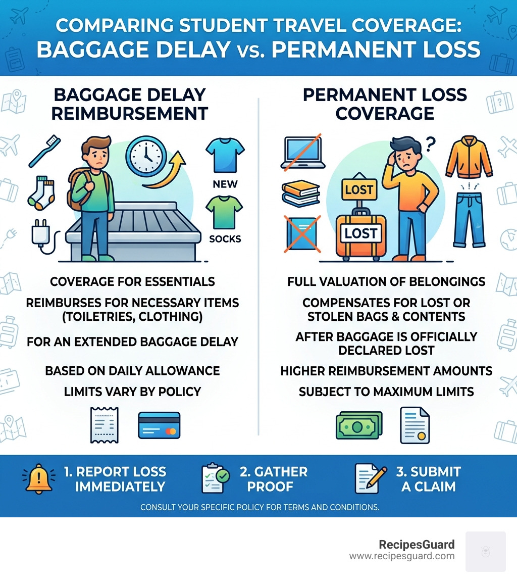 Infographic comparing baggage delay reimbursement vs permanent loss coverage for student travelers - lost luggage claim