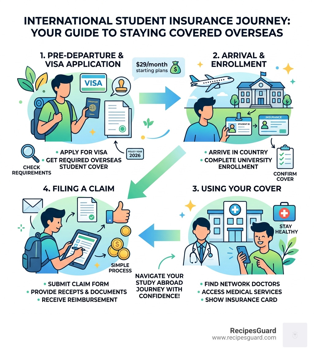Infographic showing the international student insurance journey from visa application through enrollment to filing a claim