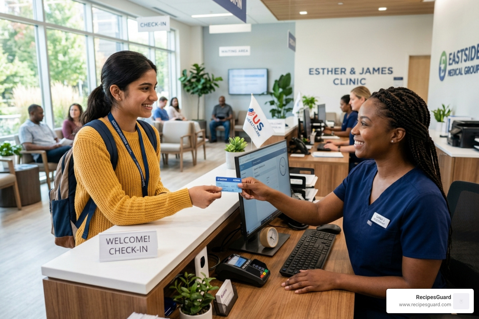 Student presenting an insurance ID card at a clinic - international student claim filing guide
