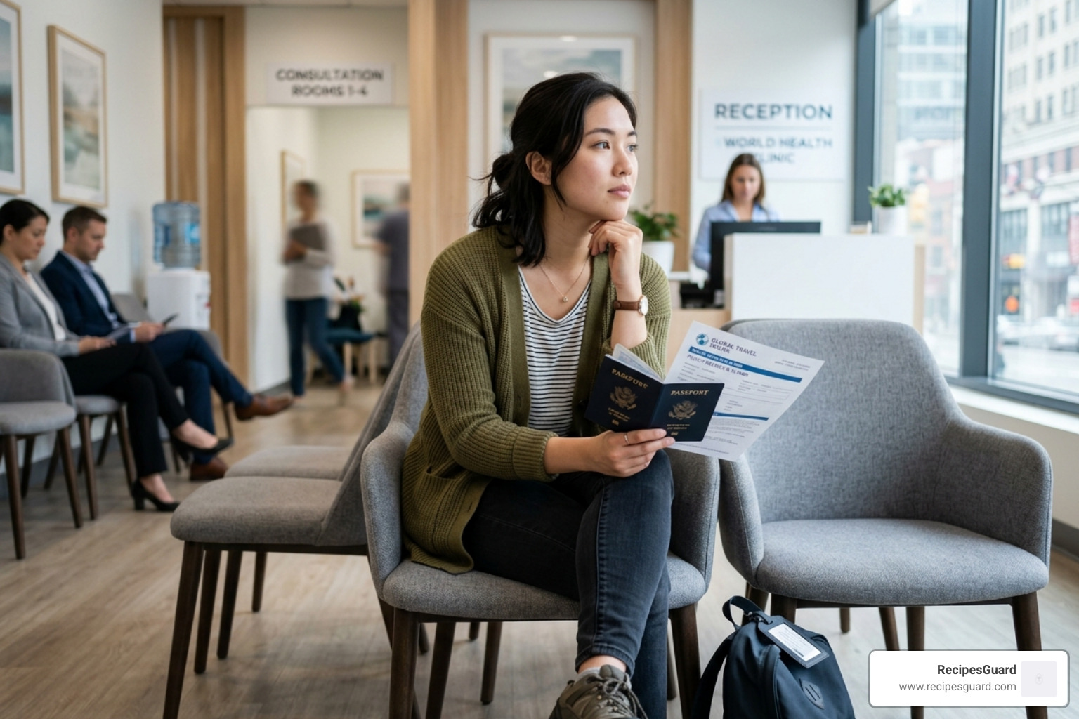 A student traveler sitting in a medical clinic waiting room holding insurance paperwork - student working holiday claim tips