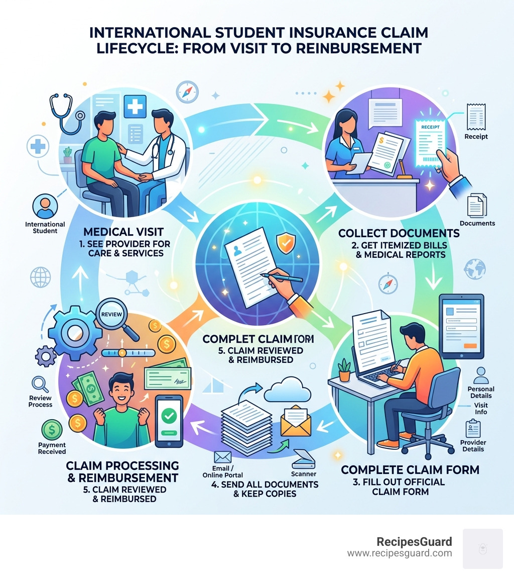 Lifecycle of an international student insurance claim from visit to reimbursement - international student claim filing guide