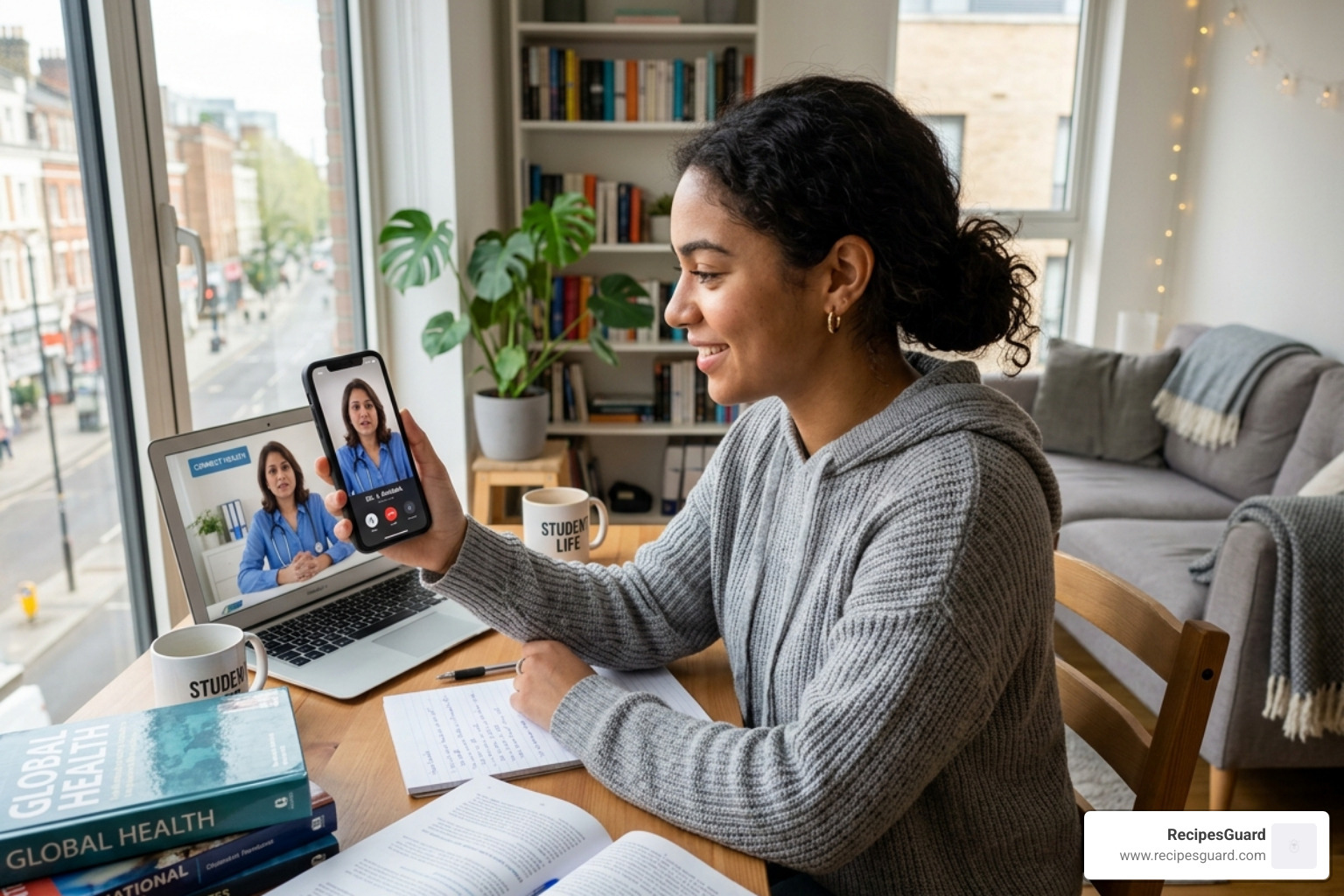 International student using a smartphone for a telehealth doctor consultation - overseas student cover