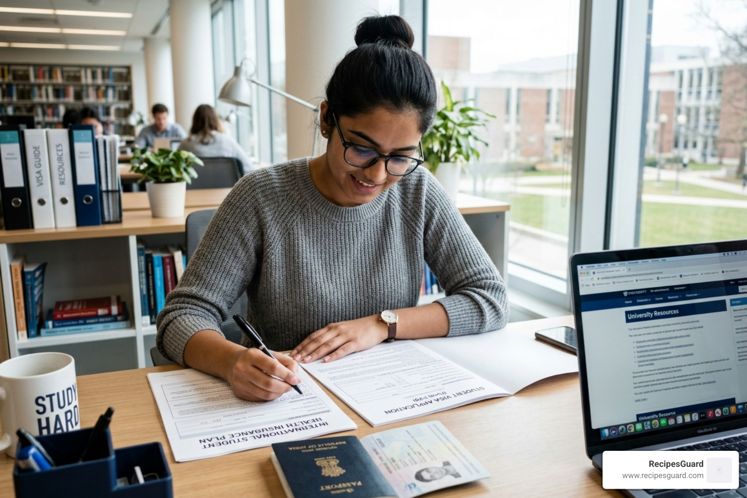 International student reviewing visa documents and health insurance policies - overseas student cover