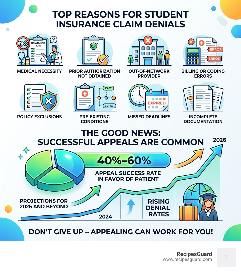 Infographic showing top denial reasons and 40-60% appeal success rate for student insurance claims - denied student
