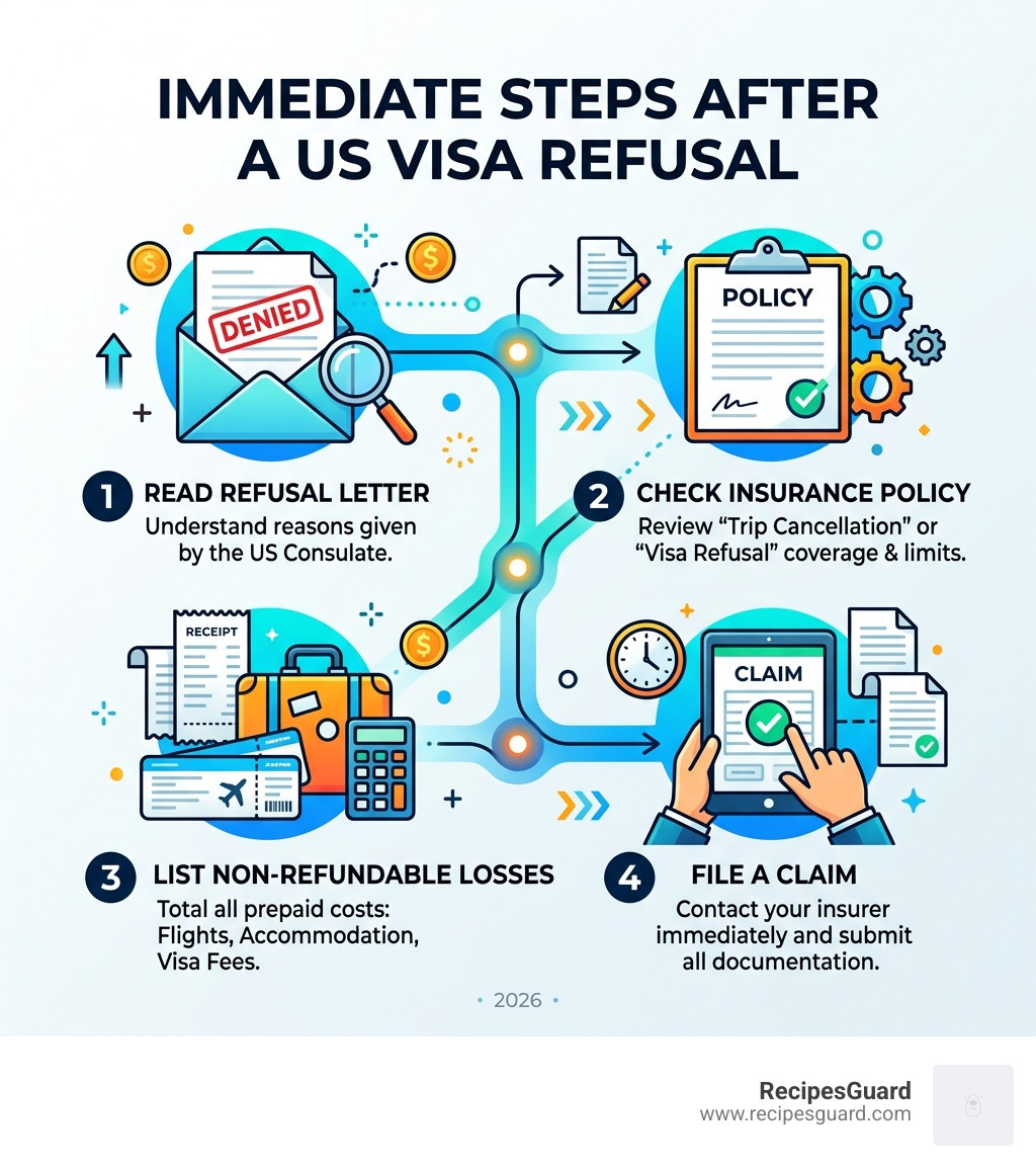 Infographic: immediate steps after a US visa refusal - read letter, check insurance, list losses, file claim - claim for