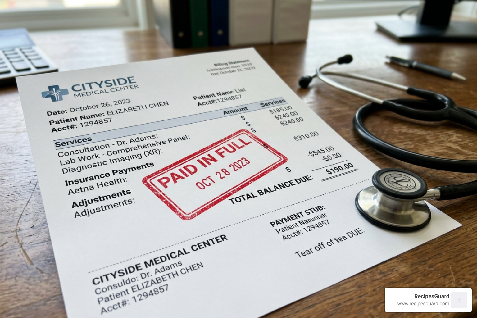 medical billing statement with a red "Denied" stamp - denied student insurance claim