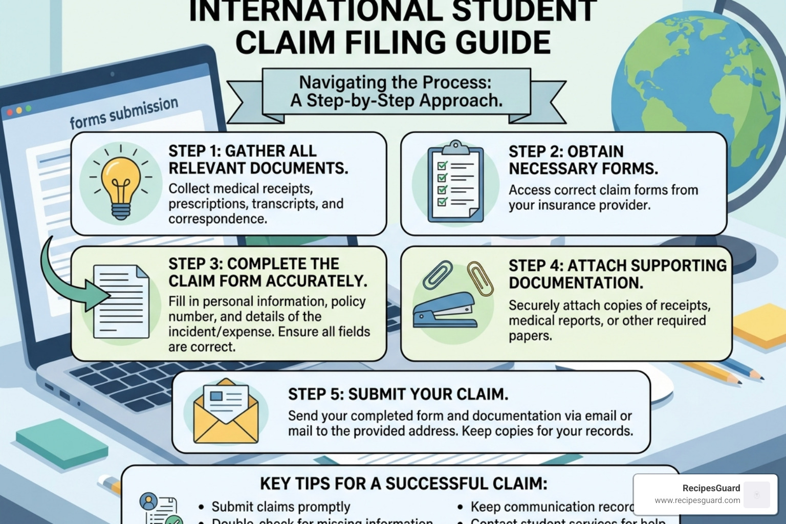 Itemized medical bills and receipts spread out on a desk - international student claim filing guide
