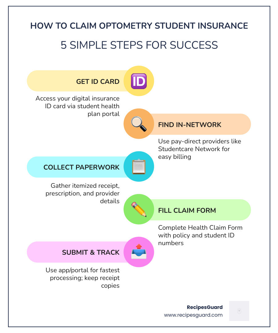 Infographic showing the 5 steps: ID Card, In-network search, Paperwork, Form completion, Submission - claim optometry