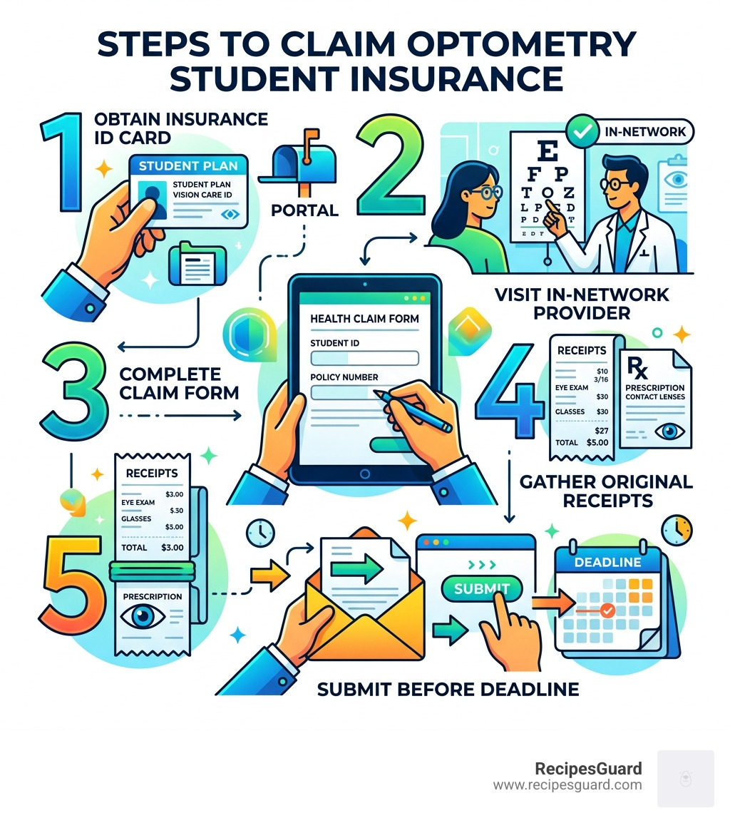Steps to claim optometry student insurance including ID card, in-network provider, claim form, receipts, and submission
