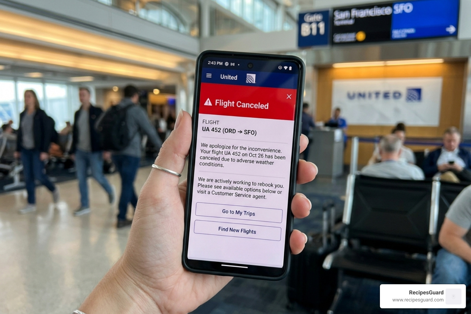 canceled flight notification on a smartphone screen - trip cancellation & interruption plan