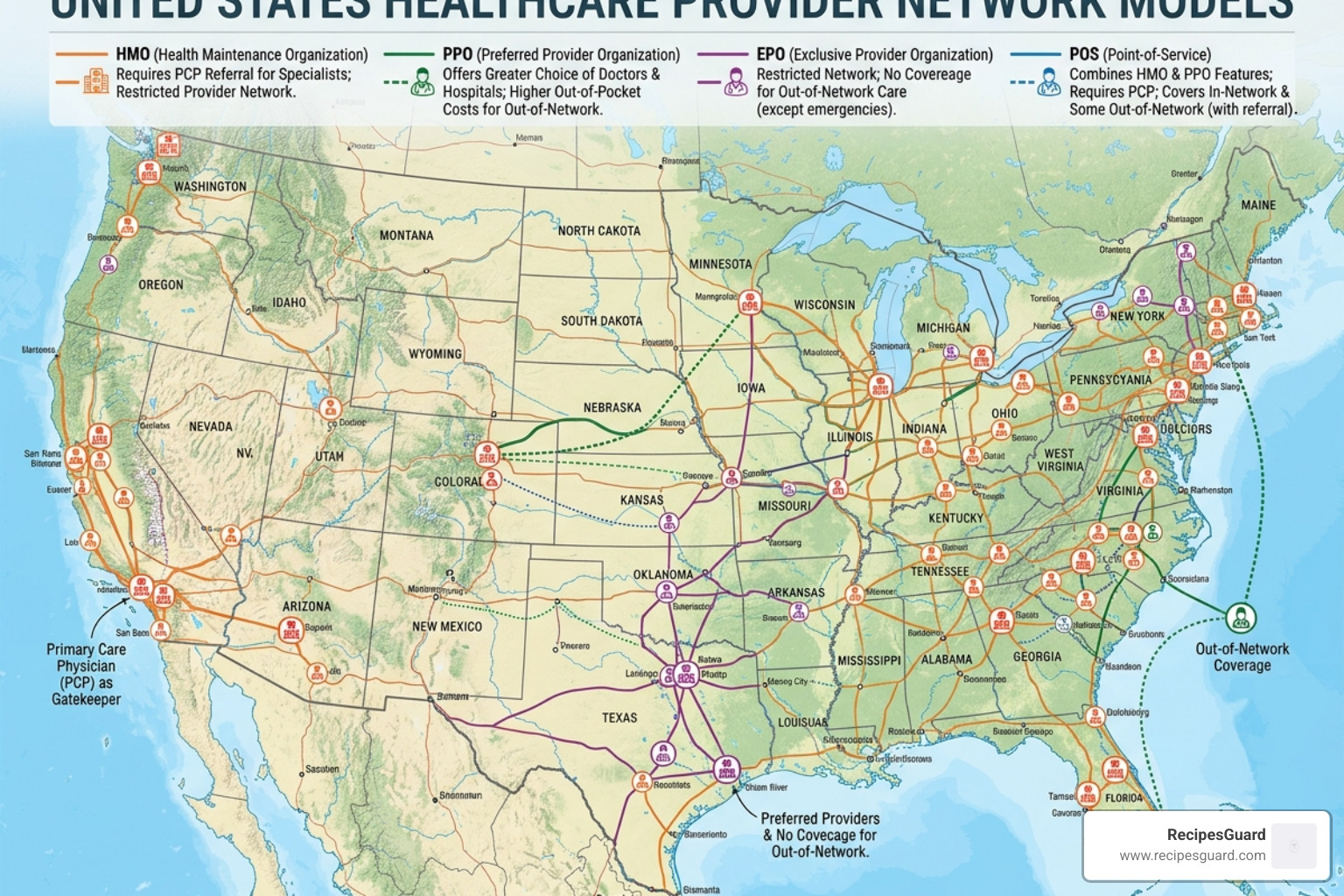 medical network map showing different provider connection types - best way to compare health insurance plans