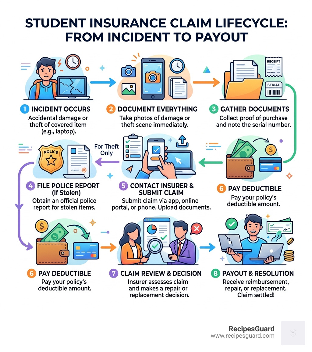 Student insurance claim lifecycle infographic showing steps from incident to payout - claim laptop under insurance