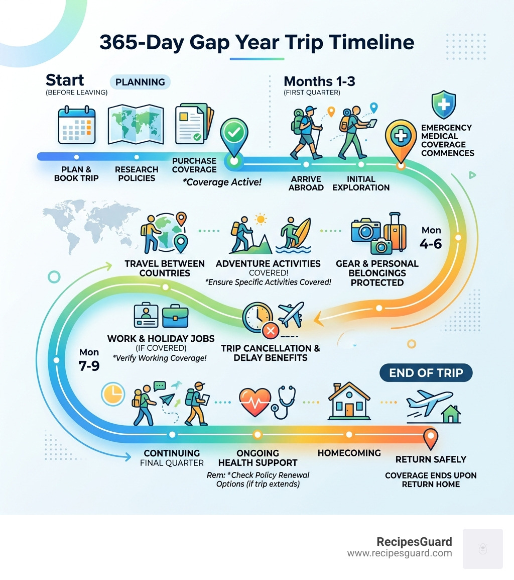 Timeline infographic of a 365-day gap year trip showing key insurance milestones and coverage phases - gap year student
