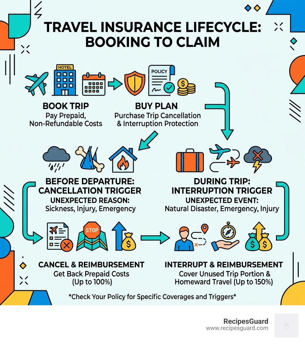 travel insurance lifecycle from booking to claim, showing key stages and coverage triggers - trip cancellation &