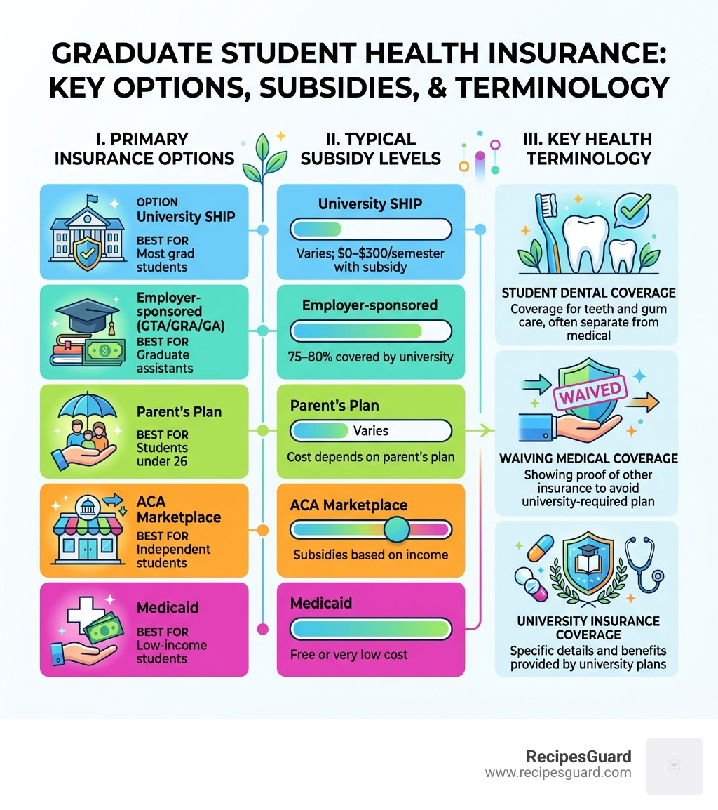 Infographic showing graduate student health insurance options, subsidy levels, and key terminology - health insurance for