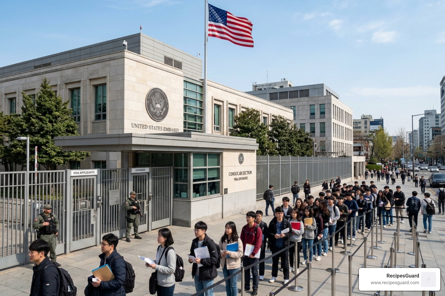 A US Embassy building where students go for visa interviews - lost passport student claim