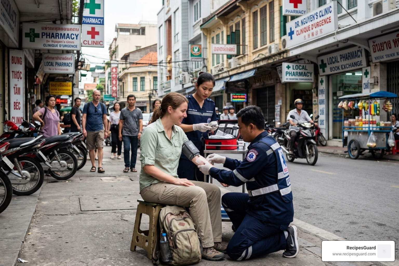 Traveler receiving medical assistance in a foreign city with support staff nearby - emergency medical insurance abroad