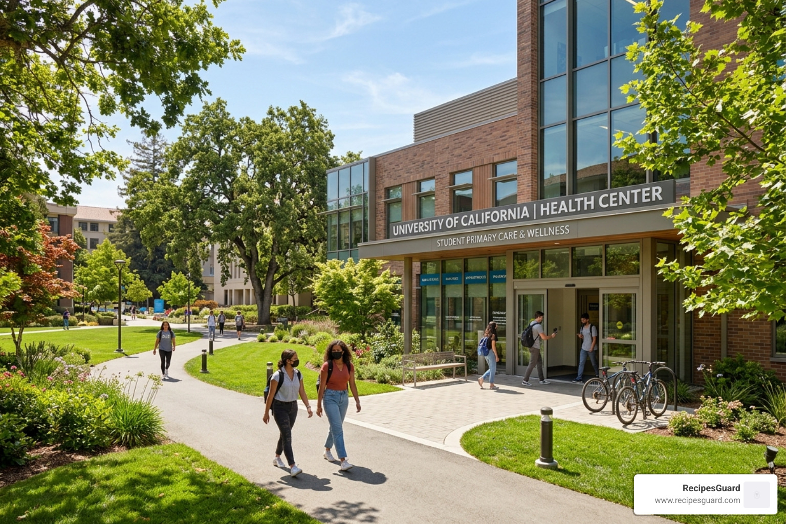 A university campus health center building where students receive primary care - health insurance for graduate students