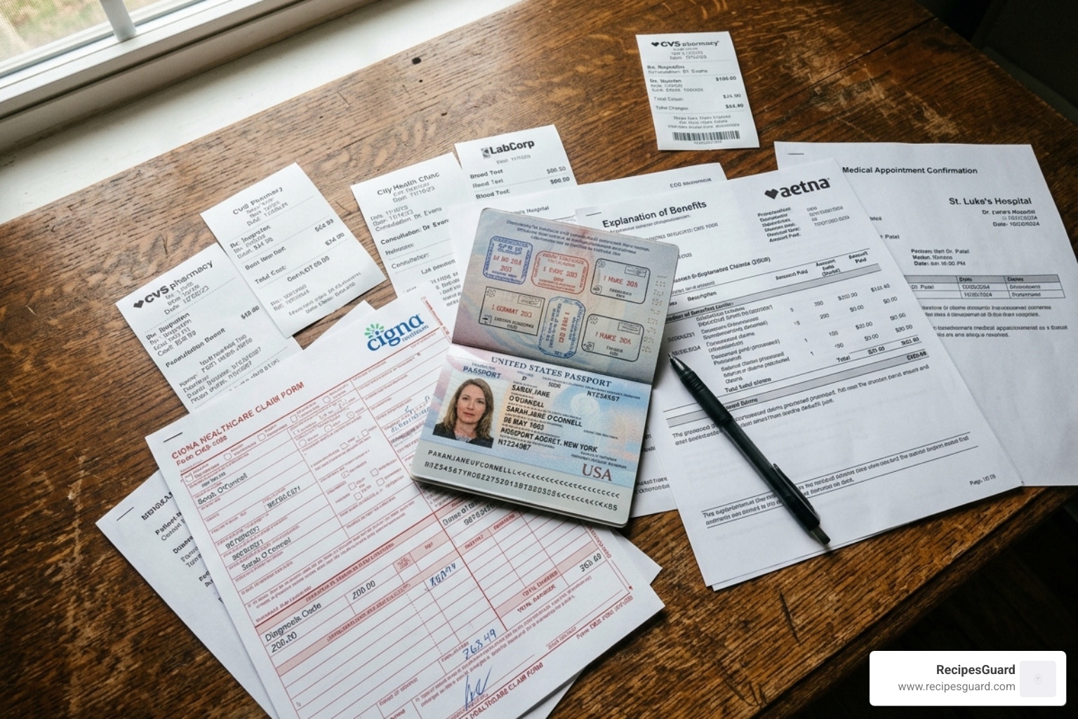 Detailed image of medical receipts, claim forms, and a passport on a desk - emergency medical insurance abroad