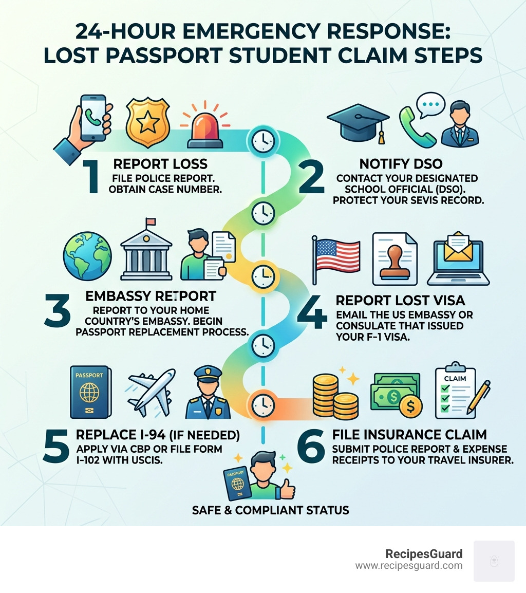 24-hour emergency response timeline for lost passport student claim steps - lost passport student claim infographic 