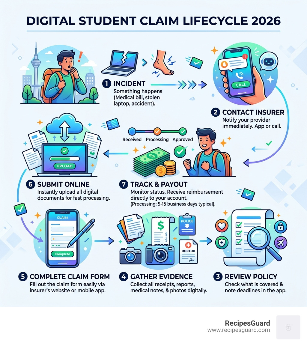 Digital insurance claim lifecycle infographic for students in 2026 showing steps from incident to payout - insurance claim