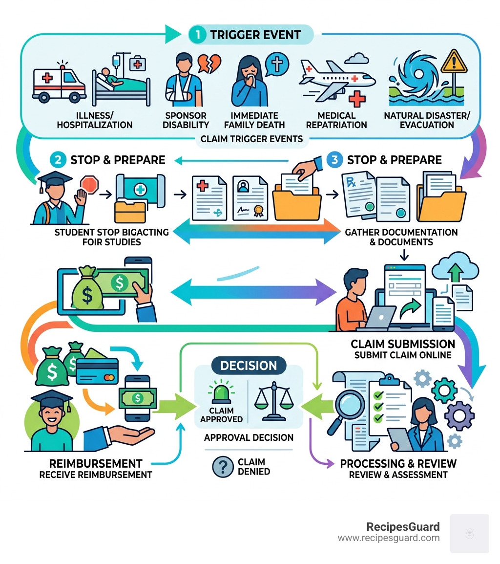 Study interruption claim lifecycle from trigger event to reimbursement - student study interruption claim infographic 