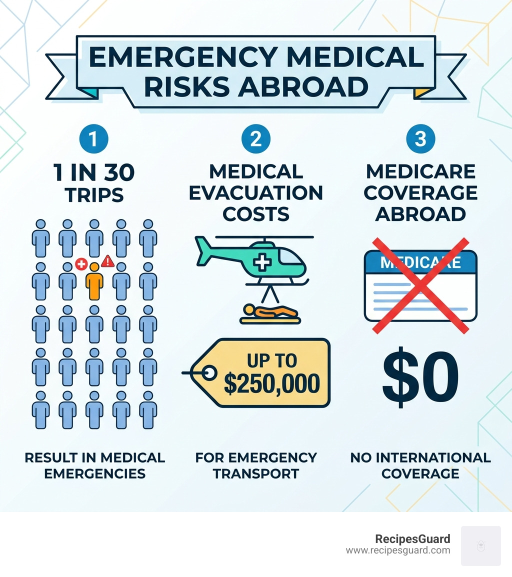 Infographic showing 1 in 30 trips result in medical emergencies, evacuation costs up to $250,000, and Medicare covers $0