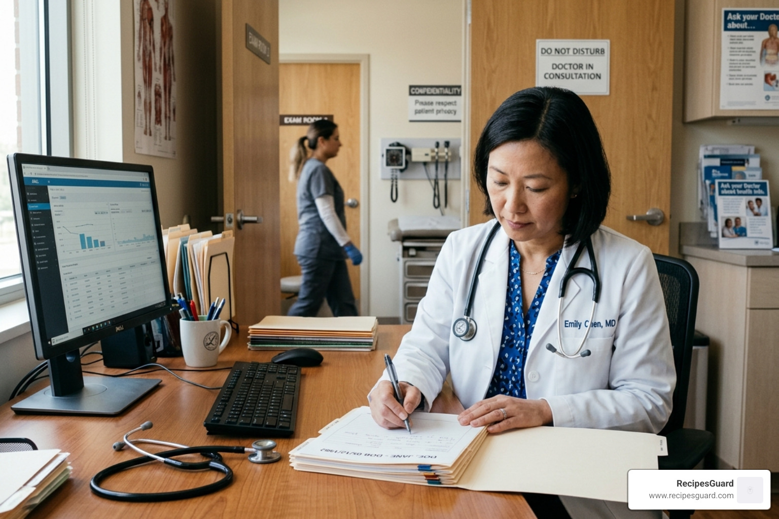 Doctor reviewing medical records and a stethoscope on a desk - cover pre existing conditions