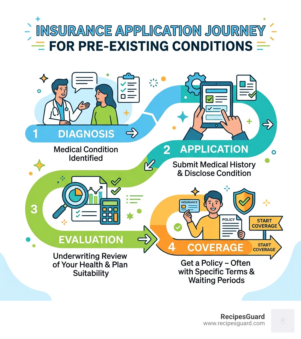 Infographic showing insurance application journey for pre-existing conditions from diagnosis to coverage - cover pre