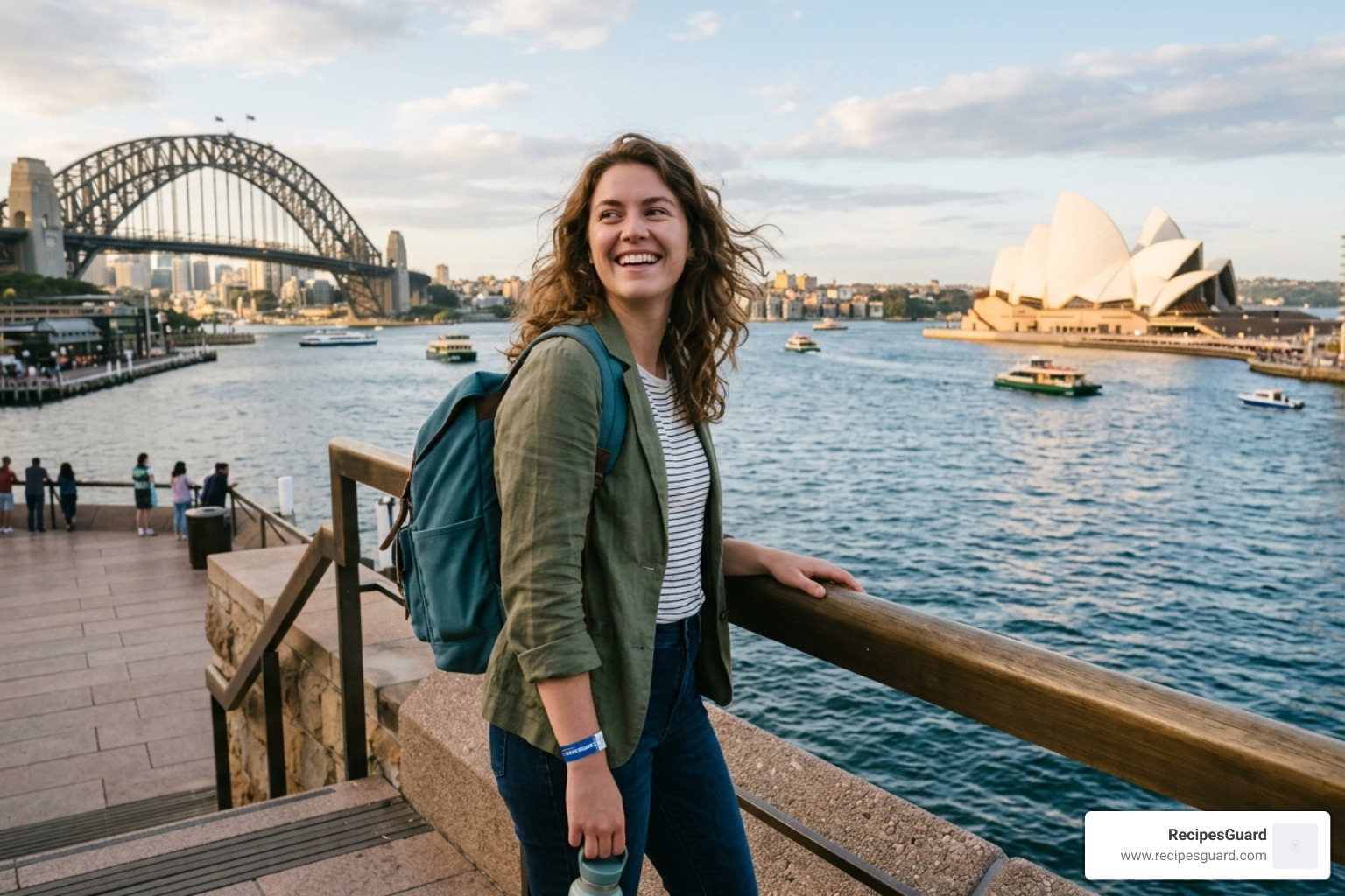 A happy traveler enjoying the view at Sydney Harbour, knowing they are fully insured - ovhc insurance compare