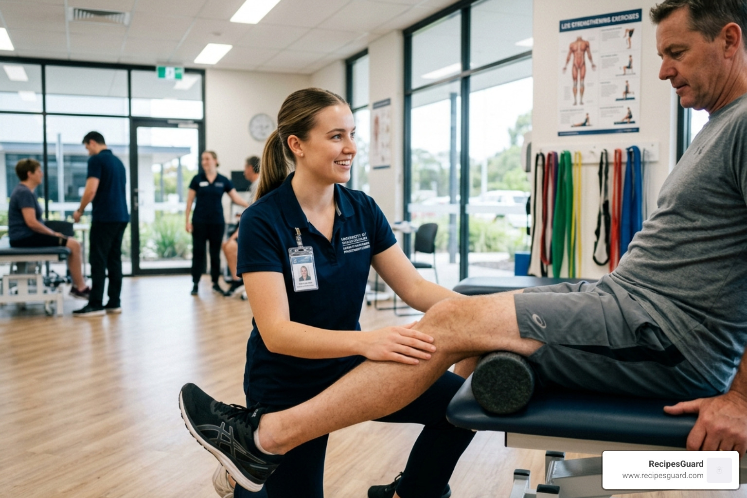 A physiotherapy student in clinical training wearing a branded polo and assisting a patient with exercises - claim