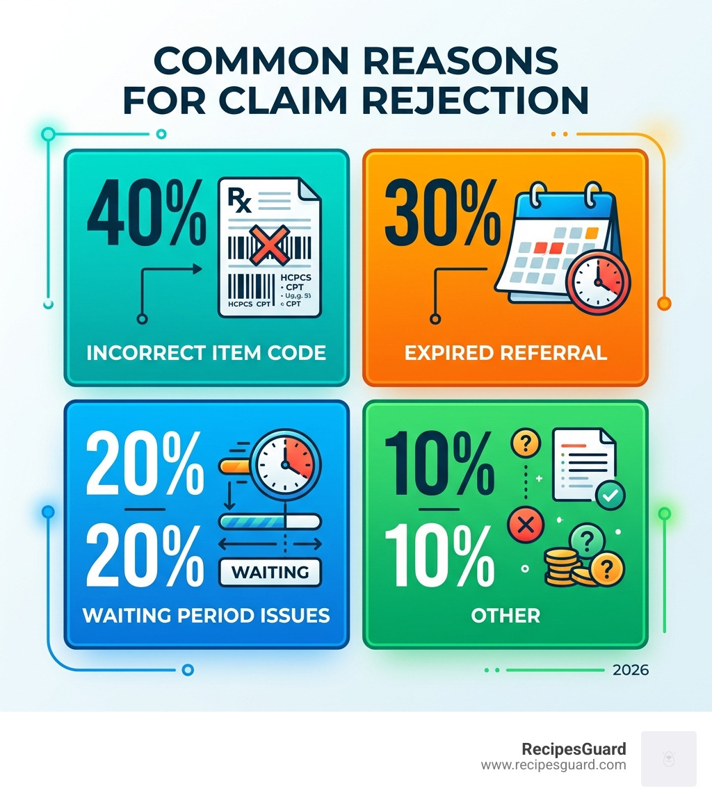 Infographic showing common reasons for claim rejection: 40% incorrect item code, 30% expired referral, 20% waiting period